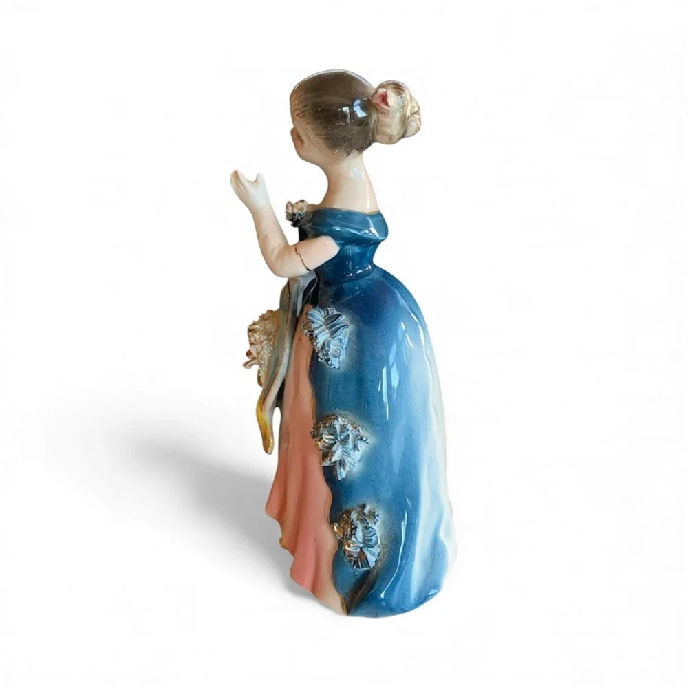 Vintage Porcelain Southern Bell Figurine, Blue & Pink Dress Flowers Matching Hat